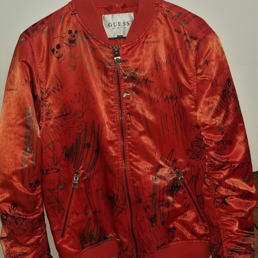 GUESS Men's Alpine Graffiti Bomber Jacket Red